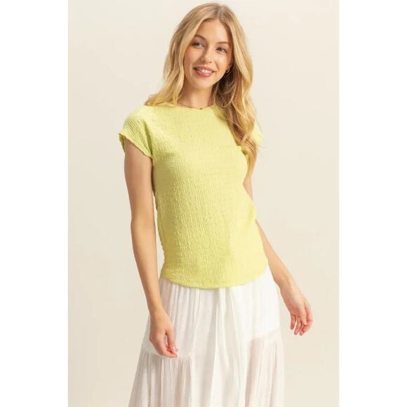 HYFVE Textured Design Round Neckline Cap Sleeves Casual Knit Top | Neon Yellow - Picture 2 of 5